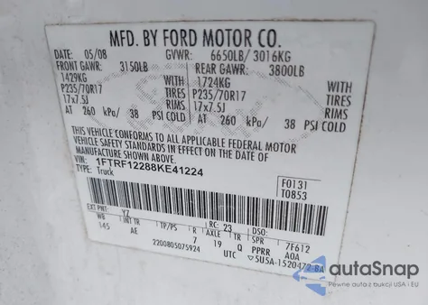 2008 Ford F-150 Stx/Xl/Xlt from USA, damaged, VIN 1FTRF12288KE41224